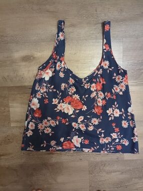 Women's Navy Floral Tank Top with Coral and Cream Blooms